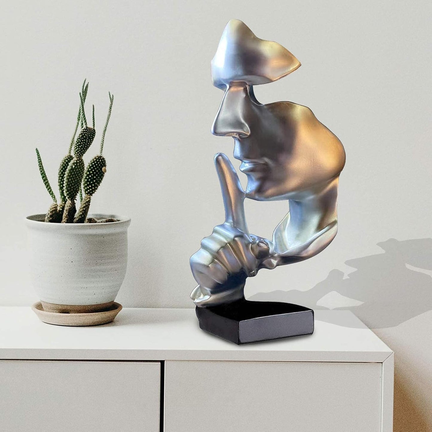 aboxoo Abstract Statues Silence is Gold Decorative Objects,Modern and Simple Resin Figurine,Desk Decoration for Office Home Piano Decor. (Silver)