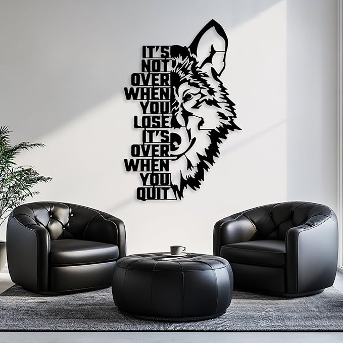 Motivational Wolf Metal Wall Art, Metal Wolf Wall Decor, Metal Inspirational Wall Art, Wolf Sculpture, Positive Quotes Wall Decor, Success Wall Art, Wall Decor Living Room Office (Silver, 53"x35" | 135x88cm)