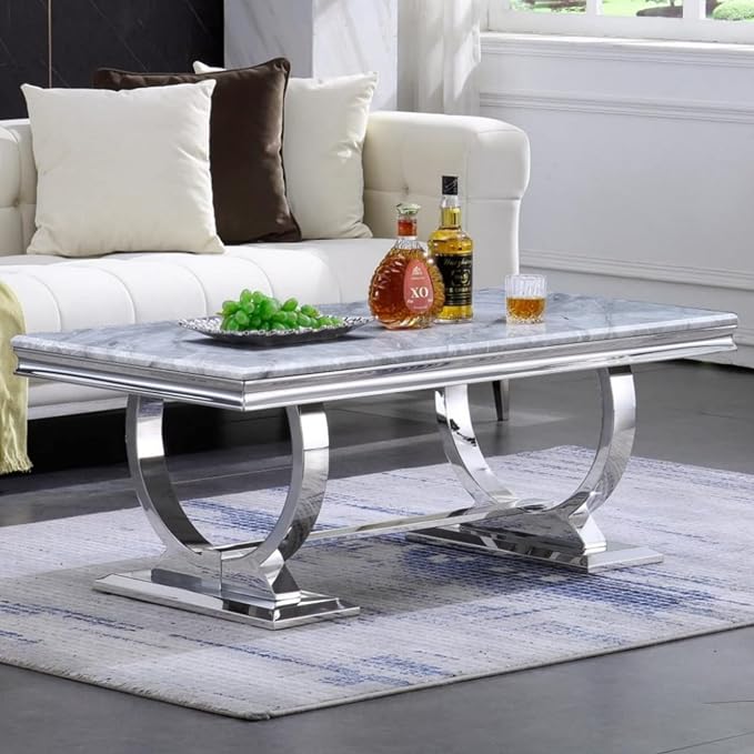 Asday Silver Coffee Table, Grey Rectangular Living Room Table with Silver Mirrored Metal U-Base, Sofa Coffee Table for Living Room, Guest Hall, Reception Room