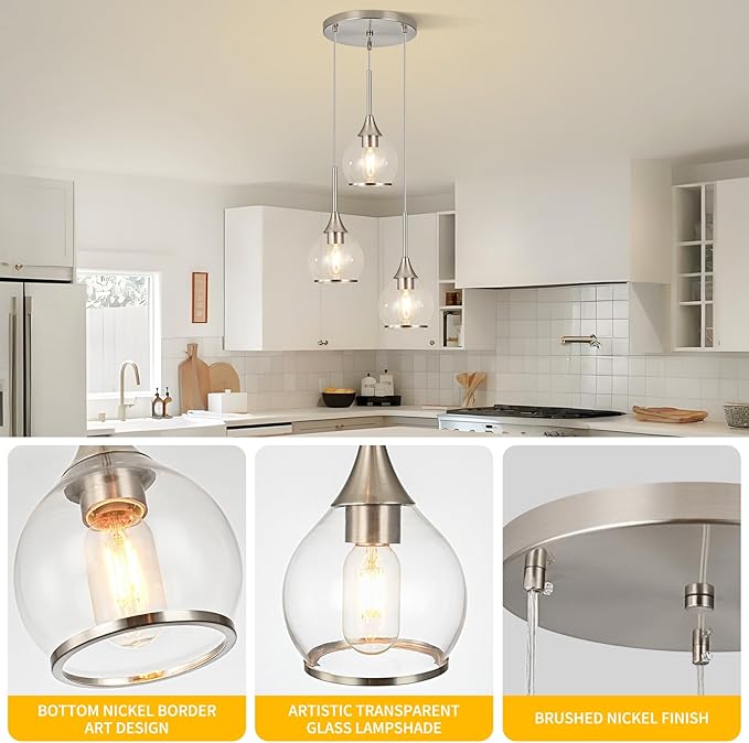 3-Light Island Light for Kitchen, Brushed Nickel Kitchen Island Hanging Pendant Light, Brushed Nickel Dining Room Light Fixture Over Table with Clear Round Glass Shade