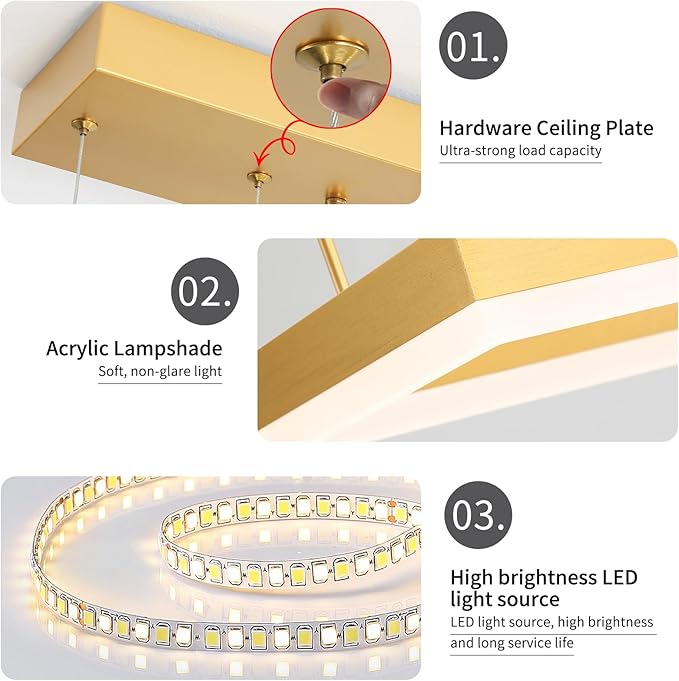 Modern Chandeliers for Living Dining Room, 3-Ring Rectangular LED Chandelier Light Fixture with Remote Control Dimming, Hanging Pendant Light with Adjustable Height, Gold