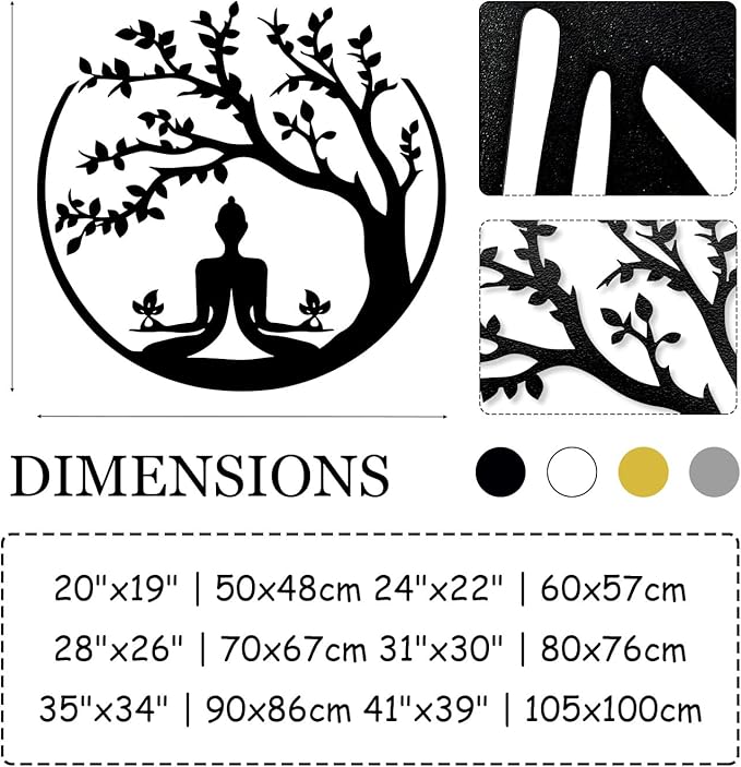 Buddha Tree of Life Metal Wall Decor, Metal Buddha Wall Art, Tree Metal Wall Decor, Tree of Life Wall Art, Zen Meditation Wall Art, Spiritual Wall Decor for Living Room, Home Decor (Silver, 35"x34" | 90x86cm)