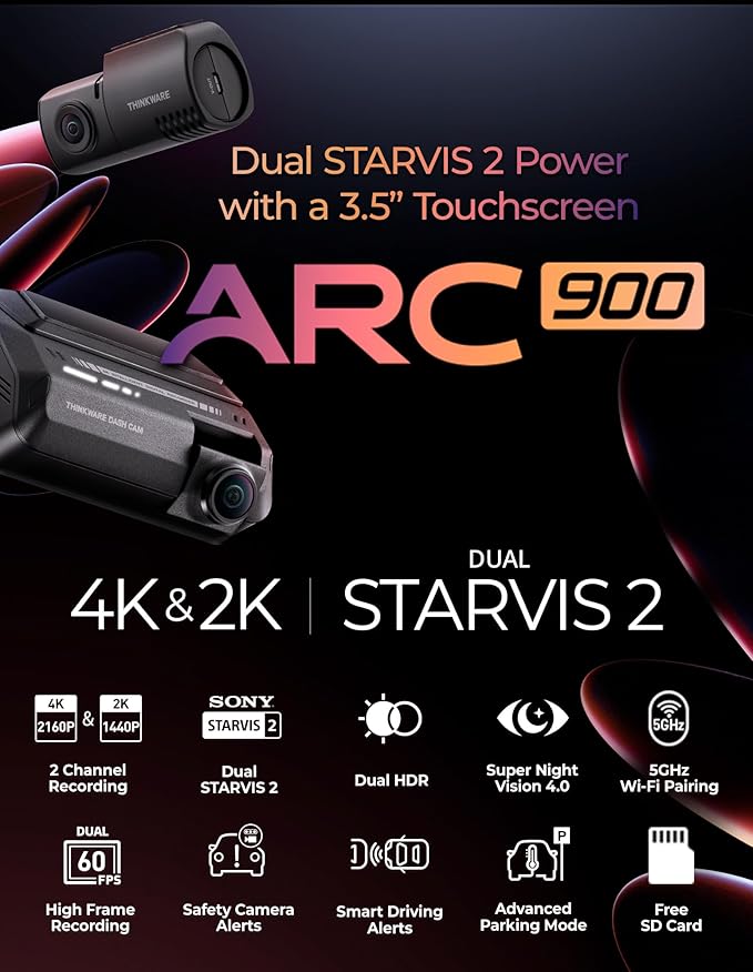 THINKWARE ARC 900 2CH 4K Front and 2K Rear Dash Cam, Dual STARVIS 2 and HDR, 60 FPS, Advanced Parking Mode, 3.5" IPS LCD Touchscreen, 5GHz Wi-Fi, GPS (64GB Memory Card, Hardwiring Cable Incl)