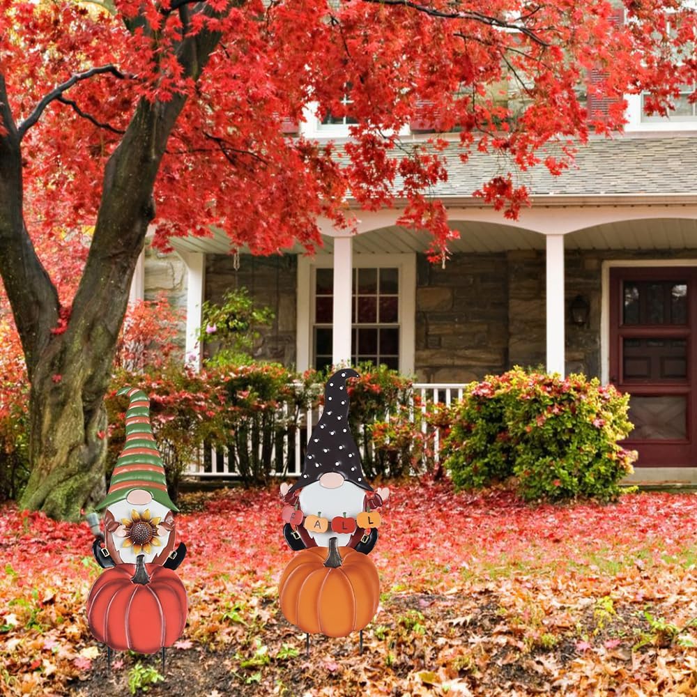 hogardeck Fall Decorations for Home Outdoor, 2 Pcs Metal Gnome Decorative Garden Stakes with Pumpkins for Fall Decor, Yard Signs for Garden Home Lawn Patio Thanksgiving Decorations
