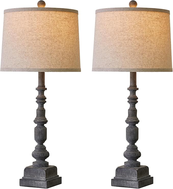 Oneach 27.75" Farmhouse Table Lamps Set of 2, USB A+C, Rustic Tall Table Lamp for Living Room, Traditional Rustic Lamps Bedside Lamps for Bedroom Office End Table, Antique Grey