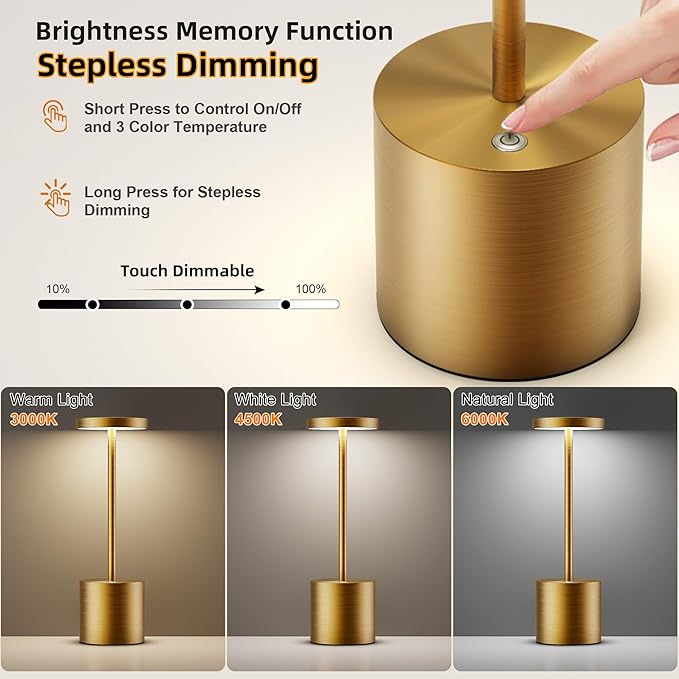 Cordless Table Lamps Rechargeable - Outdoor Waterproof LED Table Light Portable 5000mAh Battery Operated Lamp 3 Color Stepless Dimming with Memory Function for Restaurant Dining Patio Gold