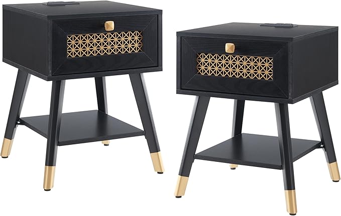 Mid Century Modern End Table with Charging Station, Small Side Table Nightstand with USB Ports & Outlets, Storage Drawer & Open Shelf, Black Boho Wood Table for Living Room, Bedroom, Office,Set of 2