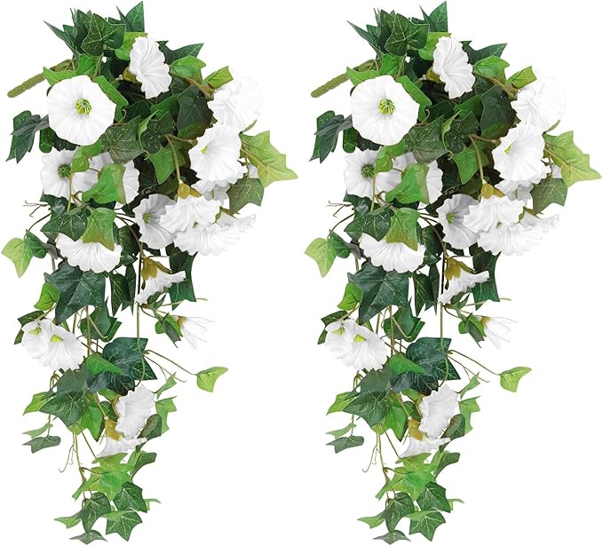 RECUTMS Artificial Fake Hanging Flowers Plants for Outdoor Decoration, 2 Pcs UV Resistant Faux Petunias Trailing Plants Realistic Flower Look Real for Door Wall Yard Porch Garden Planter (White)