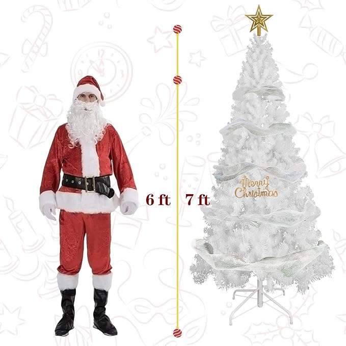 7FT Artificial Christmas Tree, Full Premium Hinged Artificial Pine Tree with 1020 Branch Tips Metal Stand for Outdoor & Indoor (White)