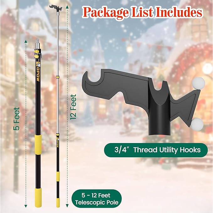 4-12 FT Christmas Light Telescopic Hanger Pole with Utility Hook, Stand Reach 30 Feet Long 3/4 inch Threaded Pole Reaching High Place for Hanging and Installation Lights String, Clothes and Birdfeeder