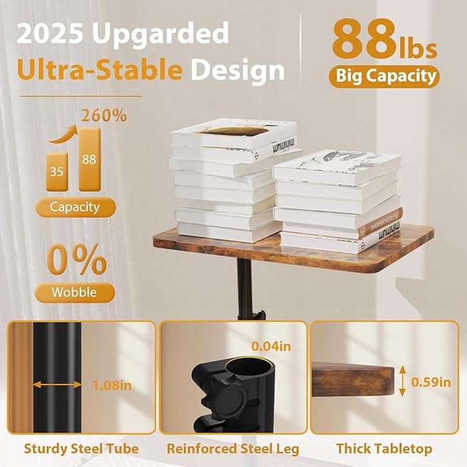 TV Tray Table, Adjustable C Shaped End Table for Couch, 360°Swivel Couch Side Table C Table That Slide Under Couch Desk for Small Space Sofa Bed Snack Living Room Bedroom(Rustic)