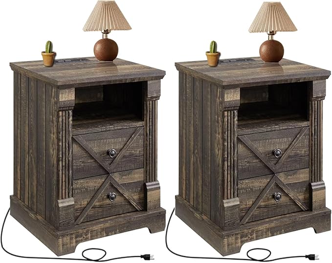 Nightstand with Charging Station, Rustic 18 Inch Farmhouse End Table with Barn Door, Wood Sofa Side Table with 2 Storage Drawers for Living Room, Bedroom, Entryway