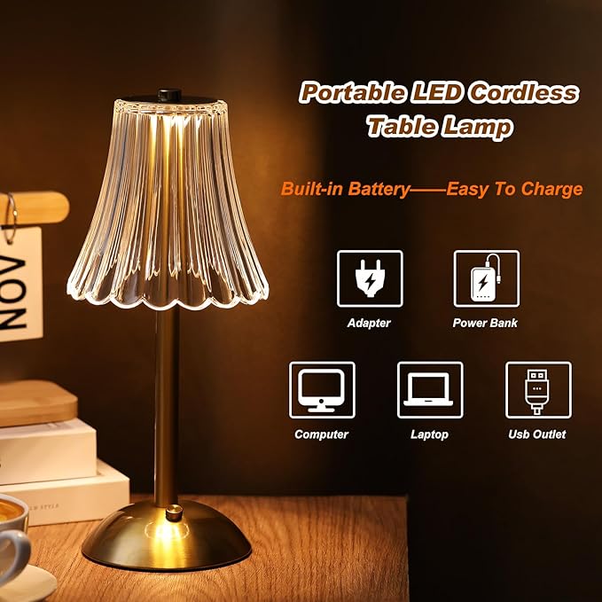 Liliful 12 Pcs Cordless Table Lamp Rechargeable Touch LED Small Gold Portable Battery Operated USB-c Desk Lamp 3 Color Dimmable for Bedroom Living Room Dining (Gold,Rose Style)