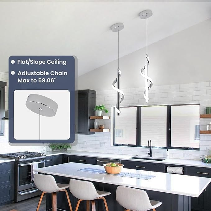 Modern Led Pendant Light Fixtures,6000K Cool White Spiral Led Pendant Lighting for Kitchen Island,Adjustable Height Hanging Light Fixtures for Kitchen Dining Room Living Room,1 Pack