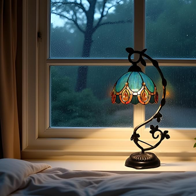 Tiffany Table Lamp, Stained Glass Desk Reading Light,Metal Leaf Table Lamp Base 8X10X21 Inches (Peacock Crystal)