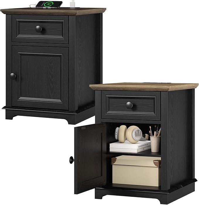 End Tables with Fast-Charge Sets, Side Tables with Drawers, Storage Side Tables Living Room, Adjustable Shelf, Bedroom Nightstands Set of 2, Black