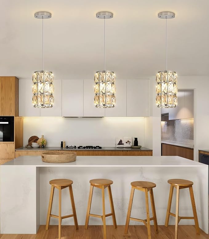 1-Lights Modern Crystal Pendant Lights for Kitchen Island LED Dimmable Glam Pendant Lighting Chandelier for Dining Room Hallway Corner Lamp Nickel