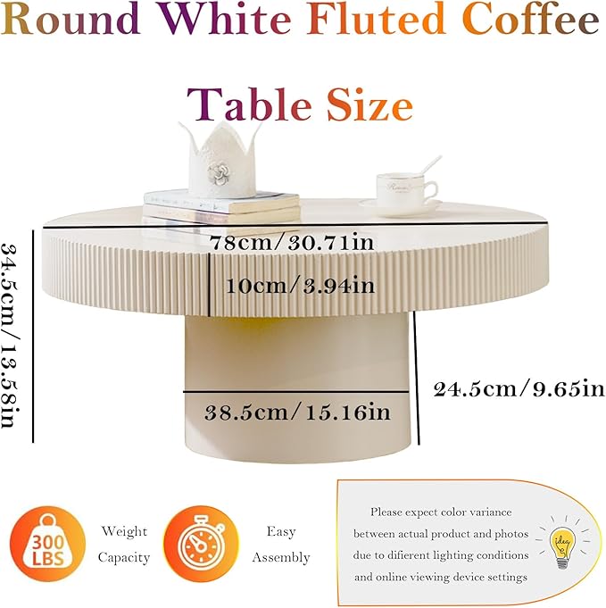 Handcrafted Round Drum Coffee Table Modern Luxury Spacious Fluted Center Table for Small Space - Home Office Apartment (White Thin)