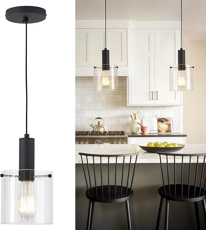 Modern Pendant Lighting - Black Pendant Hanging Fixture with Clear Glass for Kitchen Island Dining Room Living Room, H3959-1-CLBK
