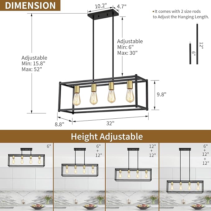 4-Light Dining Room Light Fixture,Black Farmhouse Kitchen Island Lighting,Rustic Pendant Light Over Table with Adjustable Rods,Modern Linear Chandeliers for Dining Room Kitchen Island
