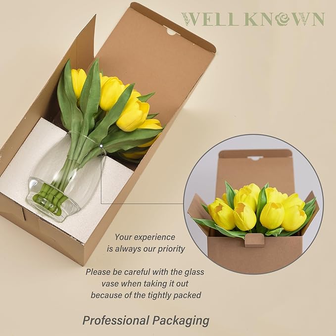 WELL KNOWN 12 Pcs Fake Big Tulips Artificial Flowers in Vase with Faux Water, Real Touch Foam Yellow Flower Arrangement with Glass Vase for Home Wedding Party Decor Dining Table Centerpiece & Gift