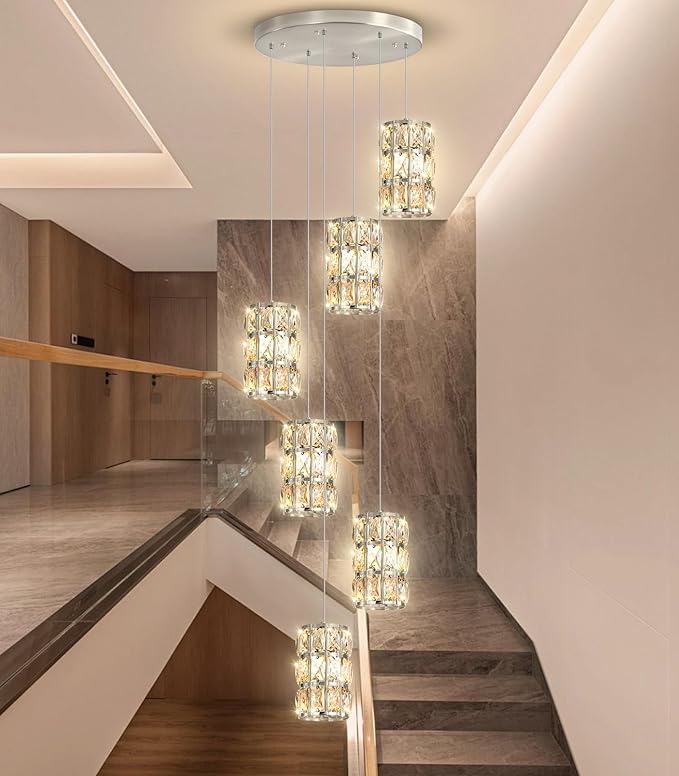6-Lights Modern Crystal Pendant Lights for Kitchen Island LED Dimmable Glam Pendant Lighting Chandelier for Dining Room Hallway Corner Lamp Nickel