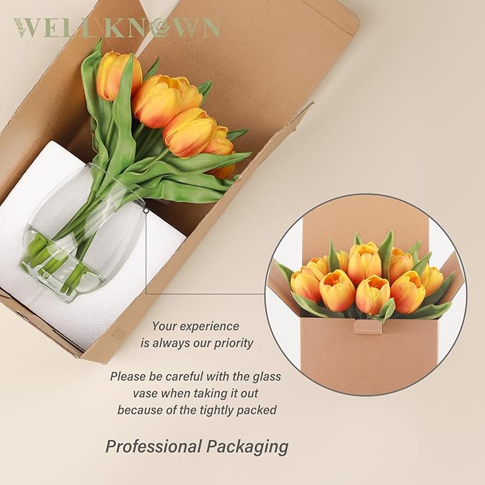 WELL KNOWN 12 Pcs Tulips Artificial Flowers in Vase, Real Touch Tulips with Vase with Upgrate Acrylic Water Flower Arrangements Centerpiece for Dining Room Table Decoration（Orange）
