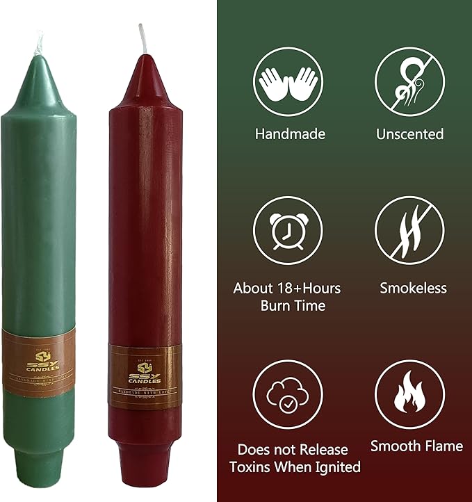 7 Inch Taper Candles Candle Sticks Handmade Unscented Set of 4 Smokeless Long Burning Dripless Tapered Candle for Christmas Home Decoration(Red Green)