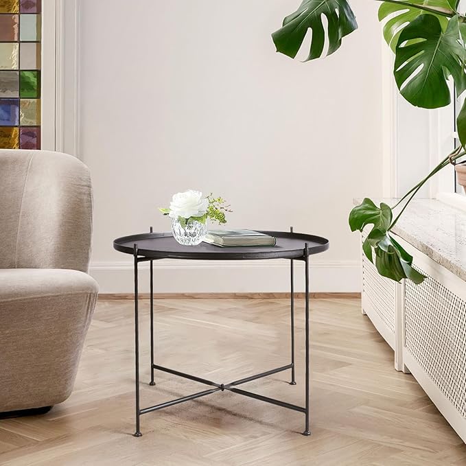 Modern Metal End Table, Round Side Table Indoor/Outdoor, Living Room Small Coffee Table (Black, 1-Tier 23.6")