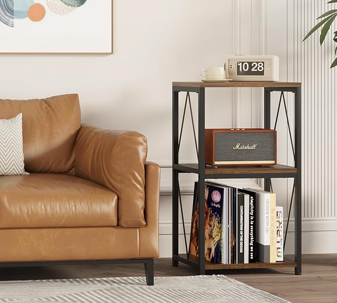 Y&M Record Player Stand with Vinyl Storage, 3-Tier Shelf Display Table for Album CD, Turntable Holder, End Table for Bedroom, Living Room, Office, Rustic Brown