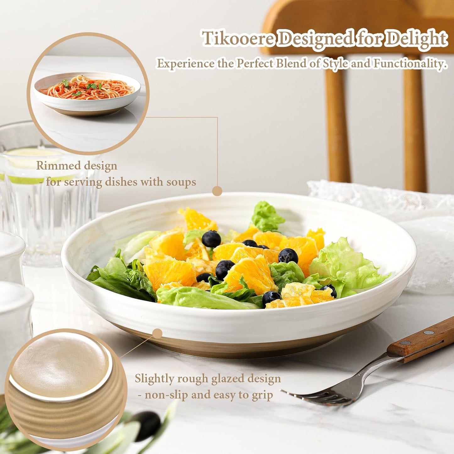 Pasta Bowls 32 OZ,Ceramic Salad Serving Bowls Set of 2,Large 8.7 inch Shallow Bowls Plates for Fruit,Noodle,Dinner,Soup Bowls for Christmas Gift,Dishwasher & Microwave Safe,White