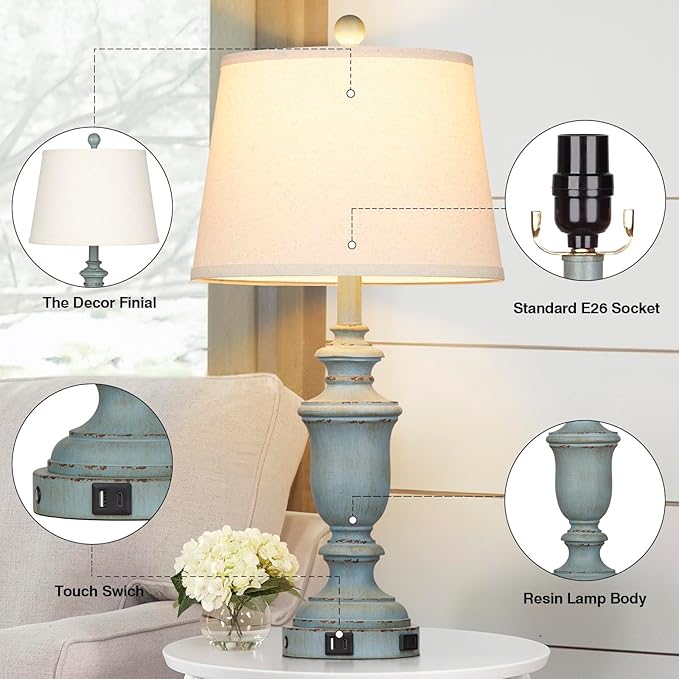 25.6" Blue Table Lamps Set of 2 with USB C+A Ports & AC Outlet for Coastal Living Room Bedroom,3-Way Dimmable Farmhouse Touch Lamp Bedside Lamps for Nightstand,Retro Blue