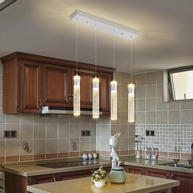 Dimmable Chrome 4-Light Pendant Lights Kitchen Island Modern LED Crystal Ceiling Light for Dinning Room Living Room 32W