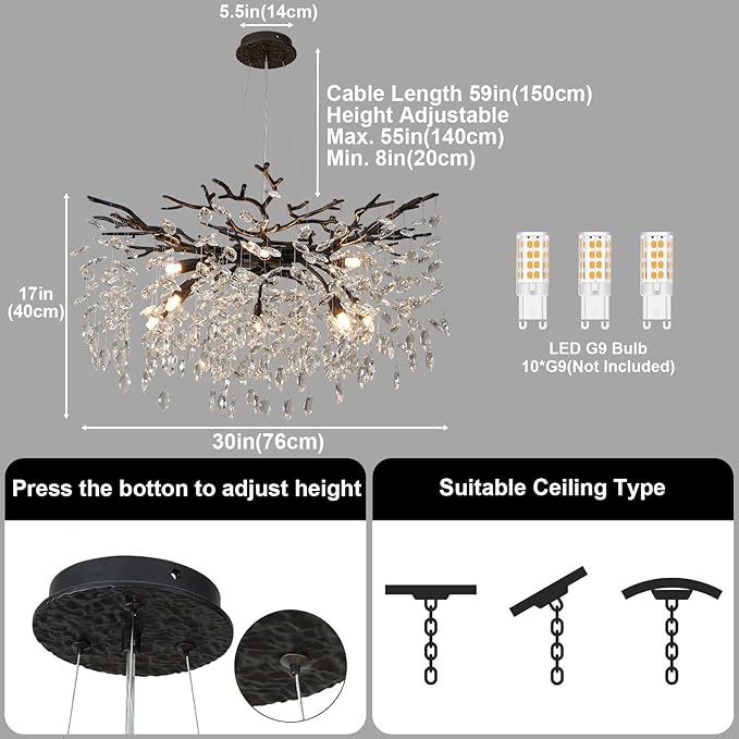 YUYI 30" Black Crystal Chandelier, 10-Light Tree Branch Chandelier for Dining Room, Luxury Round K9 Crystal Raindrop Chandeliers Light Fixture for Living Room Foyer Entryway Bedroom Kitchen