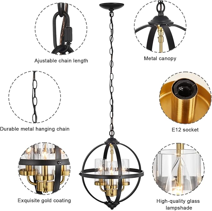 Treekee Rustic Chandelier, 14" Farmhouse Globe Orb Pendant Light, Vintage Black and Gold 3-Light E12 Adjustable Ceiling Hanging Fixture for Kitchen, Dining Room, Living Room, Bedroom, Entryway, Foyer