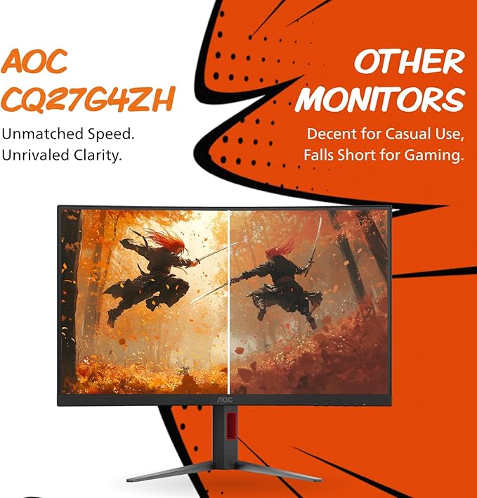 AOC CQ27G4ZH 27" Curved Gaming Monitor, QHD 2K 2560x1440, 1500R VA, 300Hz 0.3ms MPRT, HDMI x2, DP x1, Height Adjustable Stand, HDR, 3-Year Zero-Bright-dot