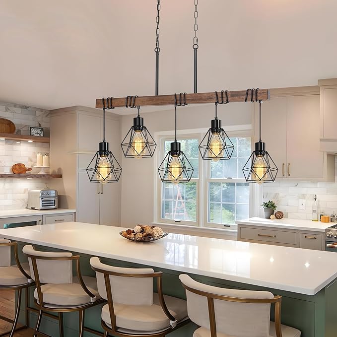 5-Light Kitchen Ceiling Light Fixture - Modern Farmhouse Black Chandelier with Adjustable Height for Dining Room Over Table, Rustic Wood Linear Pendant Island Lights for Kitchen, E26 Base, UL Listed