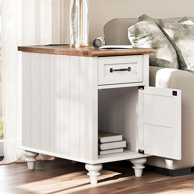 WAMPAT White End Table with Charging Station, Wood Side Table with 1 Drawer &1 Storage Cabinet, Mid Century Modern Nightstand with Power Outlets & USB Ports for Living Room, Bedroom