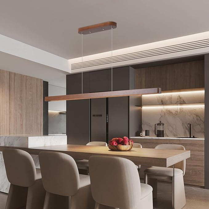 39" Wood Linear Pendant Light FixtureDimmable LED Kitchen Island Lighting with Remote, Adjustable Hanging Chandelier for Dining Room Bar Pool Table 36W Modern Farmhouse Fixture Walnut Color