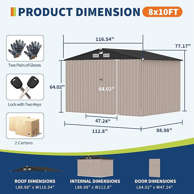 8x10 FT Metal Storage Sheds Outdoor, Metal Yard Sheds Metals Garden Shed Kit with Solar Light, MetalTool Shed with Lockable Door, Metals UtilitySheds Buildings with Air Vent for Backyard