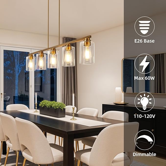Island Light for Kitchen, Brushed Brass Dining Room Light Fixture Over Table, 5-Light Linear Chandelier Pendant Lighting for Dining Table Kitchen Island Living Room