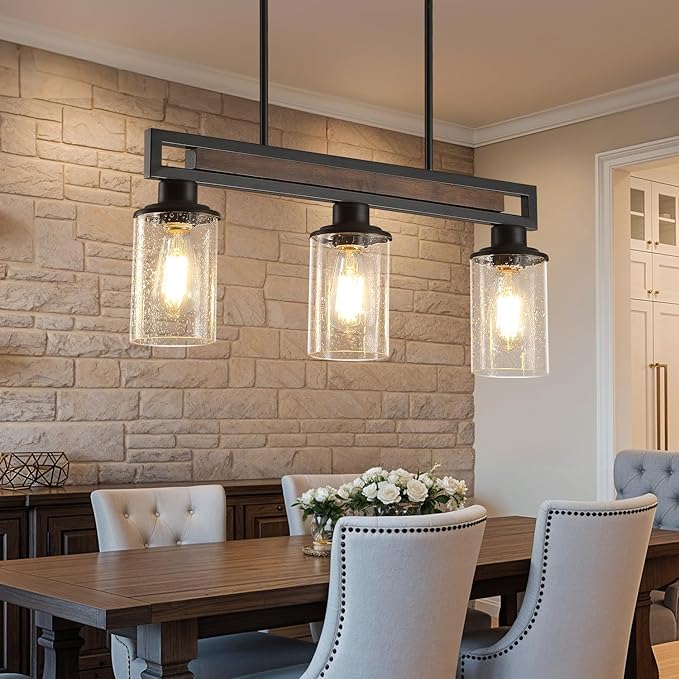 Farmhouse Dining Room Light Fixture, 3-Light Wood Kitchen Island Lighting for Dining Room Over Table, Black Adjustable Pendant Light with Seeded Glass Shades, Linear Chandeliers Lighting for Kitchen