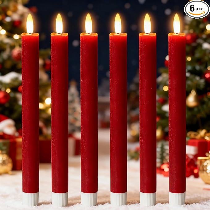 Red Flameless Taper Candles Battery Operated Flickering with 6H Timer, 3D Wick LED Taper Candles Real Wax Candlesticks, Party Christmas Home Decor 6 Pack 9.6" Christmas Red