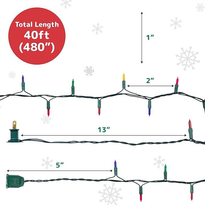 PREXTEX Multi Colored Christmas Tree Light String - Twinkle 200 Lights Mixed Color with Green Wire - 40 ft Outdoor Mardi Gras Lights for Holiday and Indoor Decorations