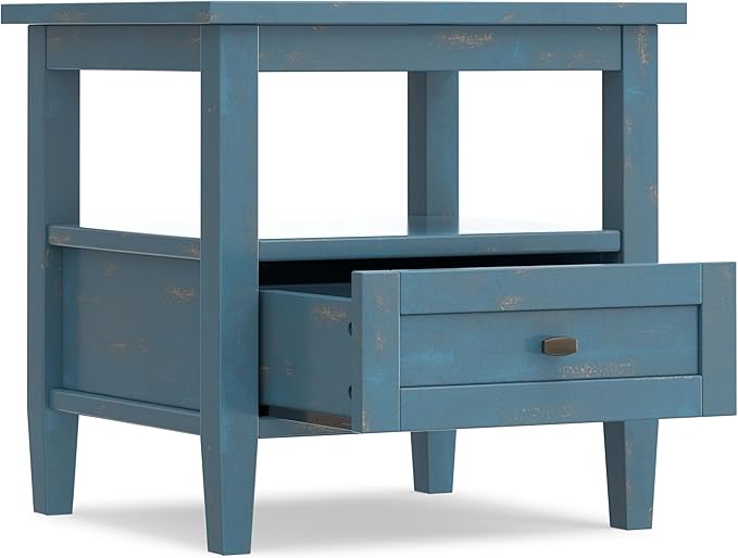 SIMPLIHOME Warm Shaker End Table - 20 inch Wide Solid Wood Square Accent Table in Distressed Coastal Blue, Transitional Side Table for Living Room or Bedroom with Drawer, Open Shelf and Tapered Legs