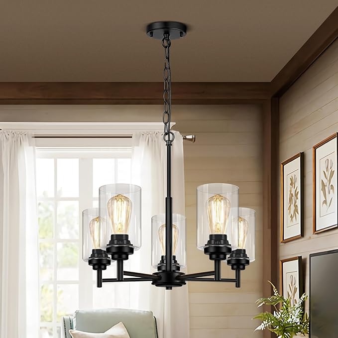 Sucolite 19.8'' 5-Light Chandelier for Dining Room Kitchen Island, Modern Farmhouse Pendant Lighting with Glass Shades Industrial Black Hanging Ceiling Light Fixture for Living Room, Height Adjustable
