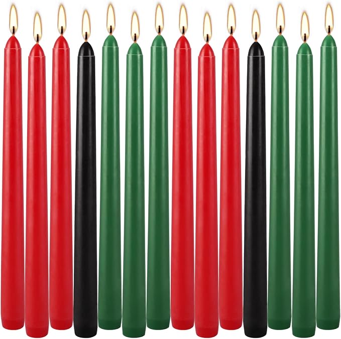 Set of 14 Kwanzaa Taper Candles, 6 Red, 6 Green, 2 Black Mishumaa Saba Candle Set, 10 Inch Dripless Tall Candle Stick for Kwanzaa, 7-7.5 Hour Burn Time