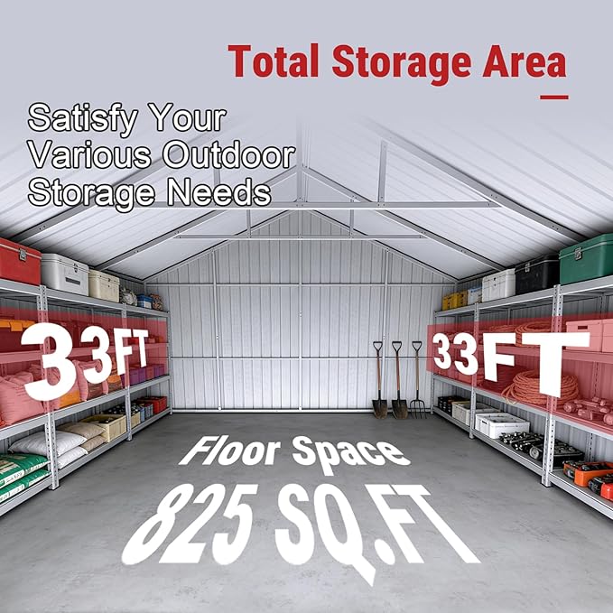 Outdoor Metal Storage Shed, 33x25 FT Large Heavy-Duty Garage Industrial Prefab Steel Building with Side Door for Car, Metal Barn, Outdoor Workshop, RV, Tractor & Equipment Shelter（Brown）