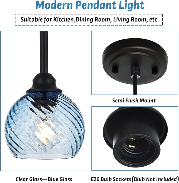 Kitchen Pendant Lighting Over Sink 1-Light Hanging Lights for Kitchen Blue Glass Pendant Lights with Striped Swirl Glass Shade, Suit for Dining Room Bar Hallway