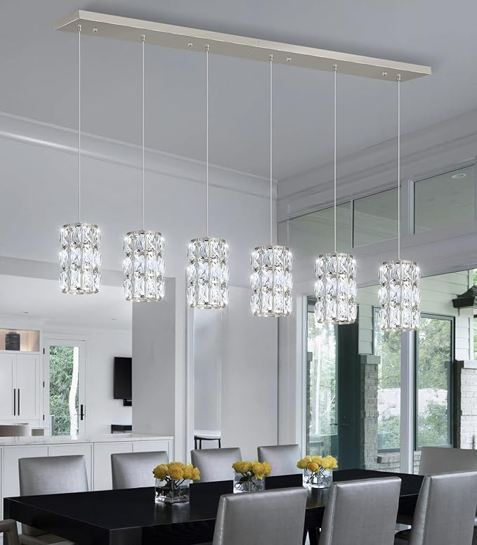 6-Lights Rectangle Modern Crystal Pendant Lights for Kitchen Island LED Dimmable Glam Pendant Lighting Chandelier for Dining Room Hallway Corner Lamp Nickel